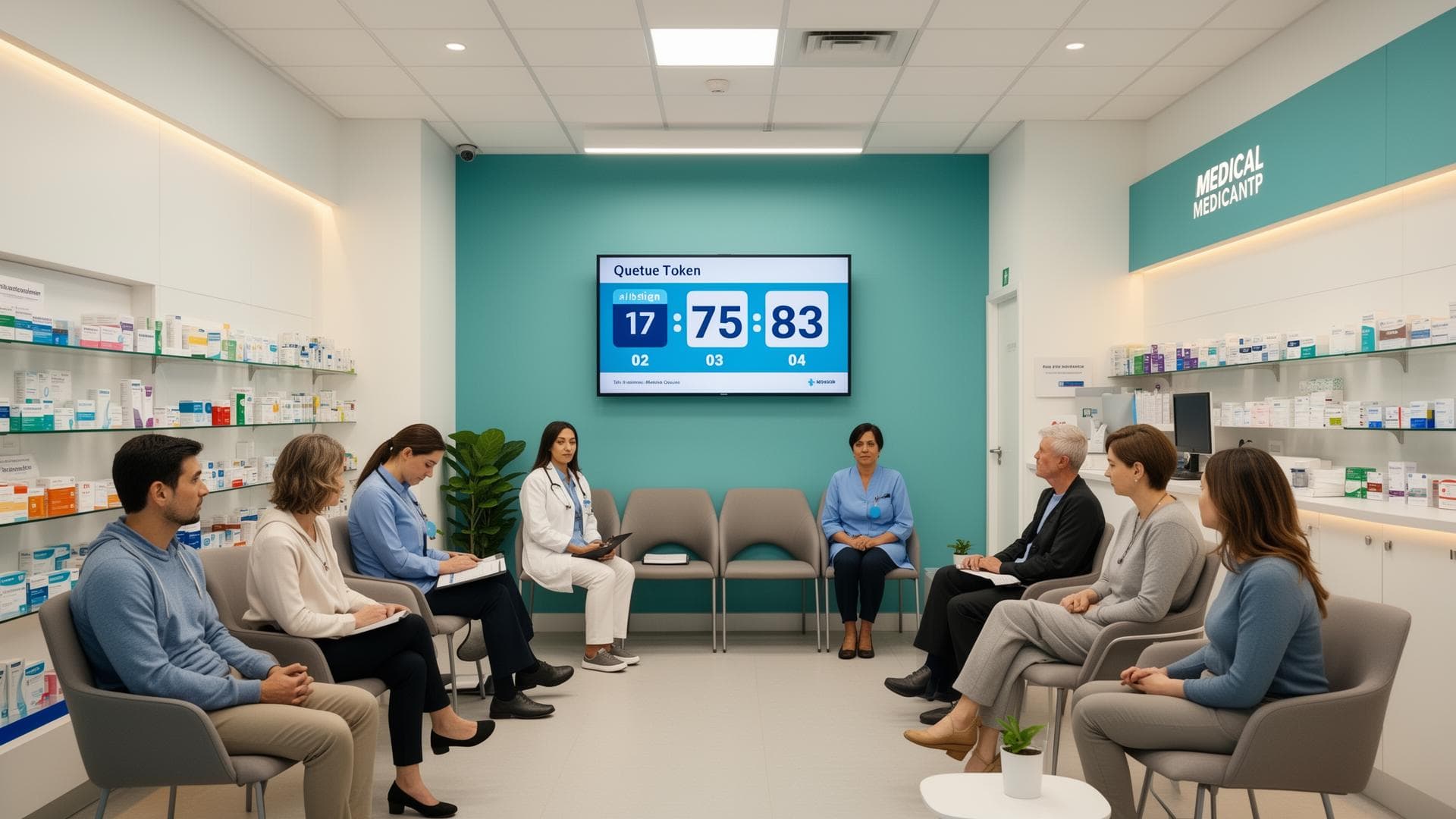 Modern dispensary with digital queue display